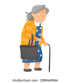 Cartoon old woman with gray hair and walking stick. Vector isolated illustration of grandmother.