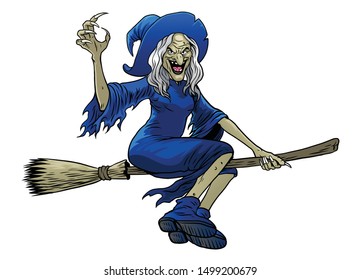 cartoon old women witch riding flying broom