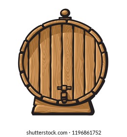 Cartoon old wooden barrel with tap. Hand drawn vector illustration isolated on white background. Front view of beer, wine, rum whiskey traditional barrel. 