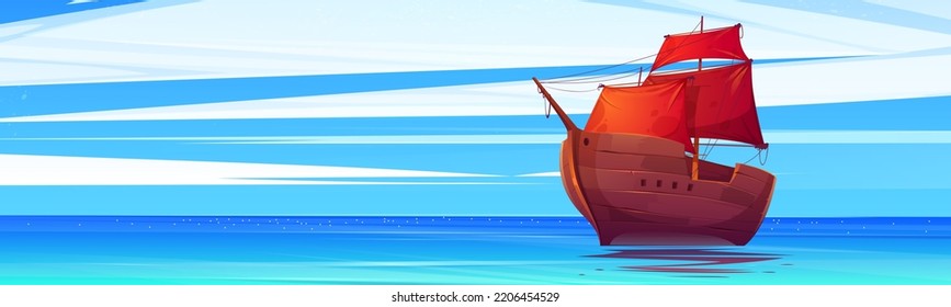 Cartoon old wooden boat with scarlet sails floating on tranquil sea surface. Vector illustration of retro vessel sailing under clear blue sky. Symbol of dream, hope for love and new better life