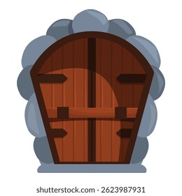 Cartoon old wooden door is closing in a stone wall
