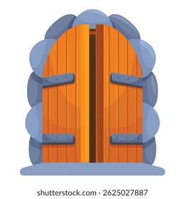 Cartoon old wooden door with stone frame is opening to mystery and inviting to fairy tale world