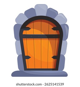 Cartoon old wooden door with stone archway is opening to the secret room
