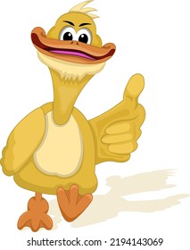 Cartoon old yellow duck with beard give thumbs up while walking