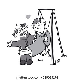 Cartoon Older people ride on a swing.