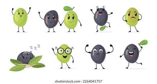 Cartoon-Oliven-Figuren. Couple Olives Charaktermaskottchen für Tapete Animation, Gesichtsöl FruchtpflanzenSnacks mit Augen, fröhlicher Spaß oder pickle Emotion, Vektorgrafik von Cartoon Oliven-Charakter Lebensmittel