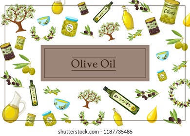 Cartoon olive colorful concept with olive oil tree branches wreath cans bottles pots jars bowls drops in rectangular frame vector illustration