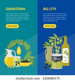 Cartoon Olive Oil Elements Banner Vecrtical Set Organic Food Concept Flat Design Style Include of Bottle, Branch and Drop. Vector illustration
