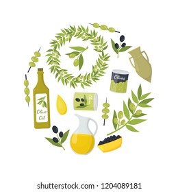 Cartoon Olive Oil Elements Round Design Template Ad Organic Food Concept Flat Design Style Include of Bottle, Branch and Drop. Vector illustration