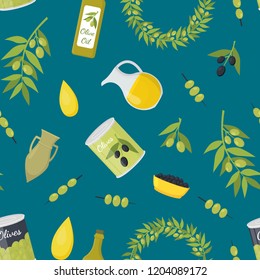 Cartoon Olive Oil Elements Seamless Pattern Background Organic Food Concept Flat Design Style Include of Bottle, Branch and Drop. Vector illustration