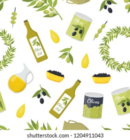 Cartoon Olive Oil Elements Seamless Pattern Background on a White Organic Food Concept Flat Design Style Include of Bottle, Branch and Drop. Vector illustration