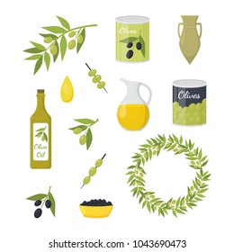 Cartoon Olive Oil Elements Set Organic Food Concept Flat Design Style Include of Bottle, Branch and Drop. Vector illustration