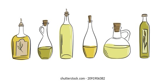 Karikatur-Olivenöl-Elemente mit Baumzweigen Kranken Köpfchen Dosen Krüge Tropfen Schalen einzelne Vektorgrafik. 
