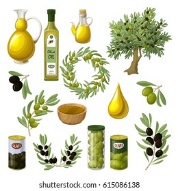 Cartoon olive oil elements set with tree branches wreath pitchers cans jars drop bowls isolated vector illustration