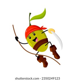 Cartoon olive pirate and corsair vegetable character with a sword, fearlessly riding a rope. Isolated vector amusing personage full of charm and whimsy, embodies adventure, mischief, and daring spirit