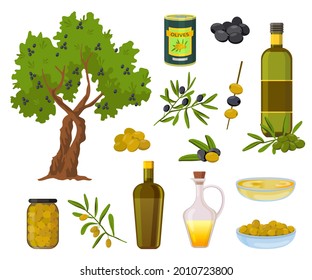 Cartoon olive products. Black and green olives in jars, healthy virgin oil in bottles and bowl. Olive tree and branch with leaves vector set. Illustration olive product, green plant