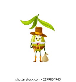 Cartoon olive robber character with money bag, vector fruit cowboy of Wild West or American Western food emoji. Happy smiling green olive cowboy bandit with mustaches, leather hat, gun and shoes
