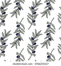 Cartoon Olive Tree Branch seamless pattern. Plant with green Leaves and black Olives. Botanical vector illustration. Floral background, texture for design textile print, packaging, wrapping paper