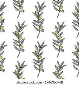 Cartoon Olive Tree Branch seamless pattern. Plant with green Leaves and yellow Olives. Botanical vector illustration. Floral background, texture for design textile print, packaging, wrapping paper