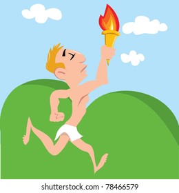 Cartoon Olympic athlete running with Olympic flame. Landscape behind