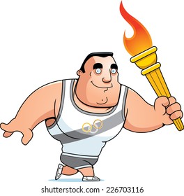 A Cartoon Olympic Athlete Walking With The Olympic Torch.