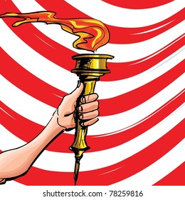 Cartoon einer olympischen Fackel hielt hoch. Rote Streifen hinter