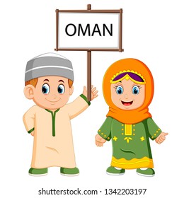 Cartoon oman couple wearing traditional costumes