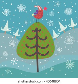 Cartoon on fruit tree under cartoon snowfall