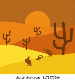 Cartoon on orange, yellow and brown colors. Vector illustration. Desert landscape with cactuses.