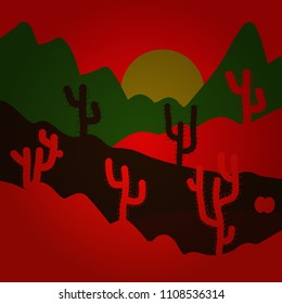 Cartoon on red, brown and green colors. Vector illustration. Desert landscape with cactuses.