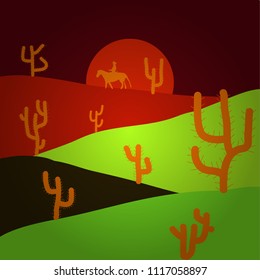 Cartoon on red, green and brown colors. Vector illustration. Desert landscape with cactuses.