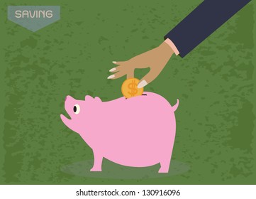 Cartoon on saving concept, hand keeping gold coin in pink saving pig.