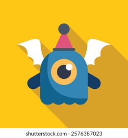 Cartoon one eyed monster with bat wings and party hat celebrating a special occasion 