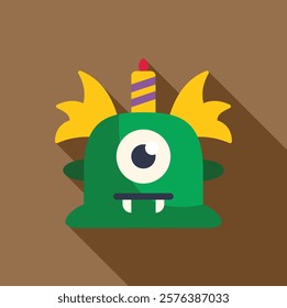 Cartoon one eyed monster celebrating a birthday, featuring a festive candle and horns, perfect for party invitations or children's designs 