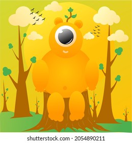 cartoon one eyed monster with cute design, warm and tree scenery background