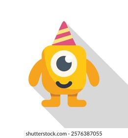 Cartoon one eyed monster wearing birthday hat, celebrating a party 