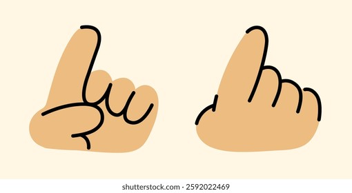 Cartoon One Finger Up Hand Gesture Vector Illustration on Beige Background, Set of 2 Simple Drawings