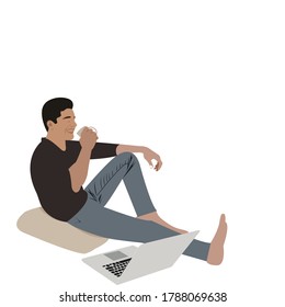 Cartoon one handsome young workerman wear brown shirts and gray pants.  Sitting with his right leg erect with his left knee .Sipping coffee happily Beside it is a laptop .Idea for work from home .