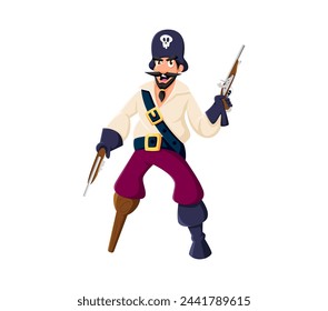 Cartoon one legged pirate character. Vector swashbuckling sailor or corsair personage with mischievous grin and wooden leg, wielding trusty flintlocks, seeking adventure and treasures on the high seas