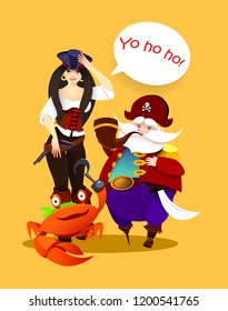 cartoon one-legged character captain pirate girl, and crab. Vector illustration