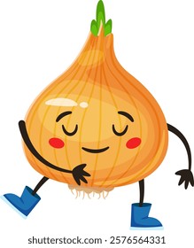 Cartoon onion character with closed eyes, wearing vibrant blue boots, relaxing and hugging itself while enjoying life, set against a clean white background