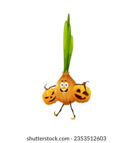 Cartoon onion character with Halloween pumpkins. Isolated vector jovial vegetable lively personage carrying jack-o-lanters for holiday party celebration. Cartoonish amusing onion fantasy veggies