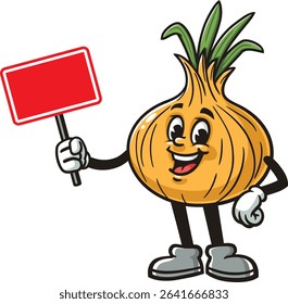 Cartoon onion character holding a blank sign