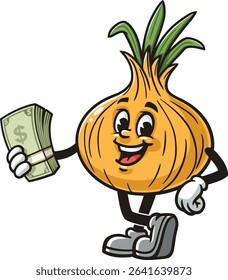 Cartoon onion character holding cash