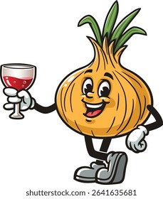 Cartoon onion character holding a glass of drink