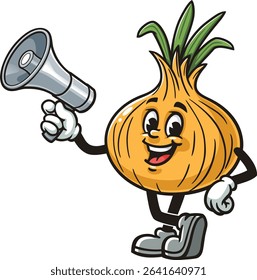 Cartoon onion character holding a megaphone