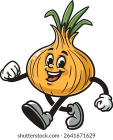 Cartoon onion character is walking leisurely