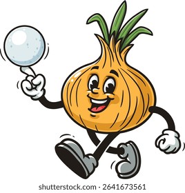 Cartoon onion character is walking and playing snowball