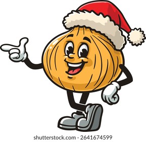 Cartoon onion character wearing a Christmas hat