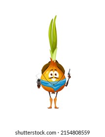 Cartoon Onion Cowboy Personage, Funny Robber, Bandit Or Ranger Vegetable. Vector Veggies Wear Hat, Bandana And Boots Stand With Steaming Guns In Hands. Isolated Fantasy Character, Healthy Veggies Food